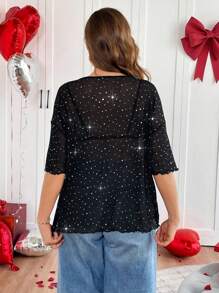 SHEIN Essnce Blusa transparente talla grande para mujer, top de Día de San Valentín, top transparente, mujer con lentejuelas, tops para salir de Día de San Valentín para mujer, blusas lindas, tops casuales para citas para mujer - Negro - Ver 2