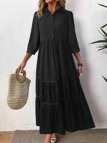 SHEIN Clasi 女士纽扣领长裙，高腰休闲多层套头连衣裙