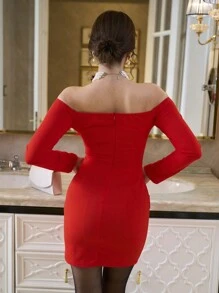 Elenzga Valentine's Day Red Long Sleeve V-Neck Cinched Waist & Ruched Bodycon Elegant Romantic Dress For Women