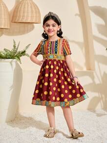 SHEIN Leap Crew Young Girl Ditsy Floral Fitted Casual Round Neck Dress - Burgundy - View 4