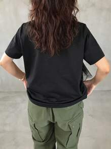 FRIFUL Women's Casual Solid Color Ruffle Mesh Trim T-Shirt, Summer Short Sleeve Top - Black - View 5