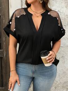 EMERY ROSE Plus Size damska letnia elegancka romantyczna czarna bluzka z blokami kolorów w kształcie serca z łatami z siateczki