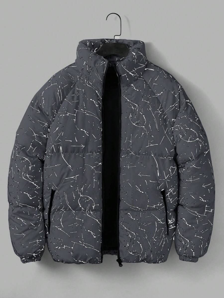 RueChic Men Graphic Patter Regular Padded Coat - Dark Grey - View 1