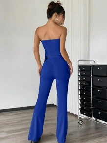 SHEIN EZwear Bộ 2 áo len dệt kim nữ có viền bất đối xứng và quần ống loe, màu xanh Sapphire - Xanh đậm - Xem 3