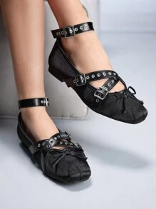 Dola Lovely Women's Spring New Cute Satin Blue Criss-Cross Metal Buckle Ballet Flats, Elegant Sweet Large Size Ladies Flat Shoes Spring Shoes Spring Break Easter For Christmas - Black - View 7