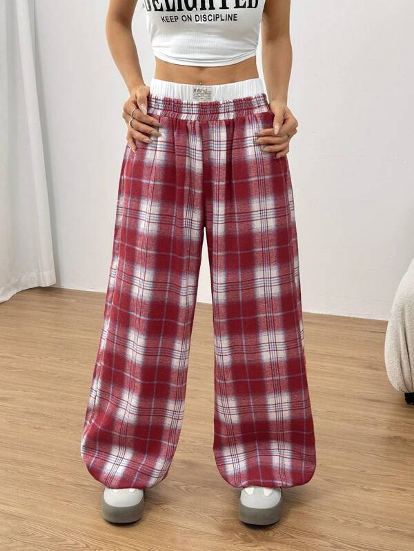 SHEIN EZwear Pantalones casuales con cintura elástica, diseño de parchwork a cuadros para mujer, otoño/invierno