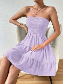 Chiquease Váy Bandeau nhiều tầng đơn sắc thường ngày cho nữ - Màu tím hoa cà - Xem 4