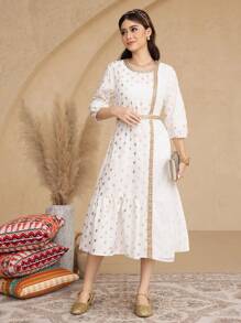 SHEIN Teen Girls Foil Fabric Gold Lace Trim Traditional Style Dress - White - View 5