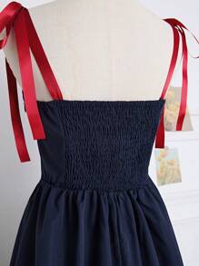 SHEIN Unity 女士纯色休闲度假日常刺绣抽绳连衣裙，春夏 - 藏蓝色 - 查看 3