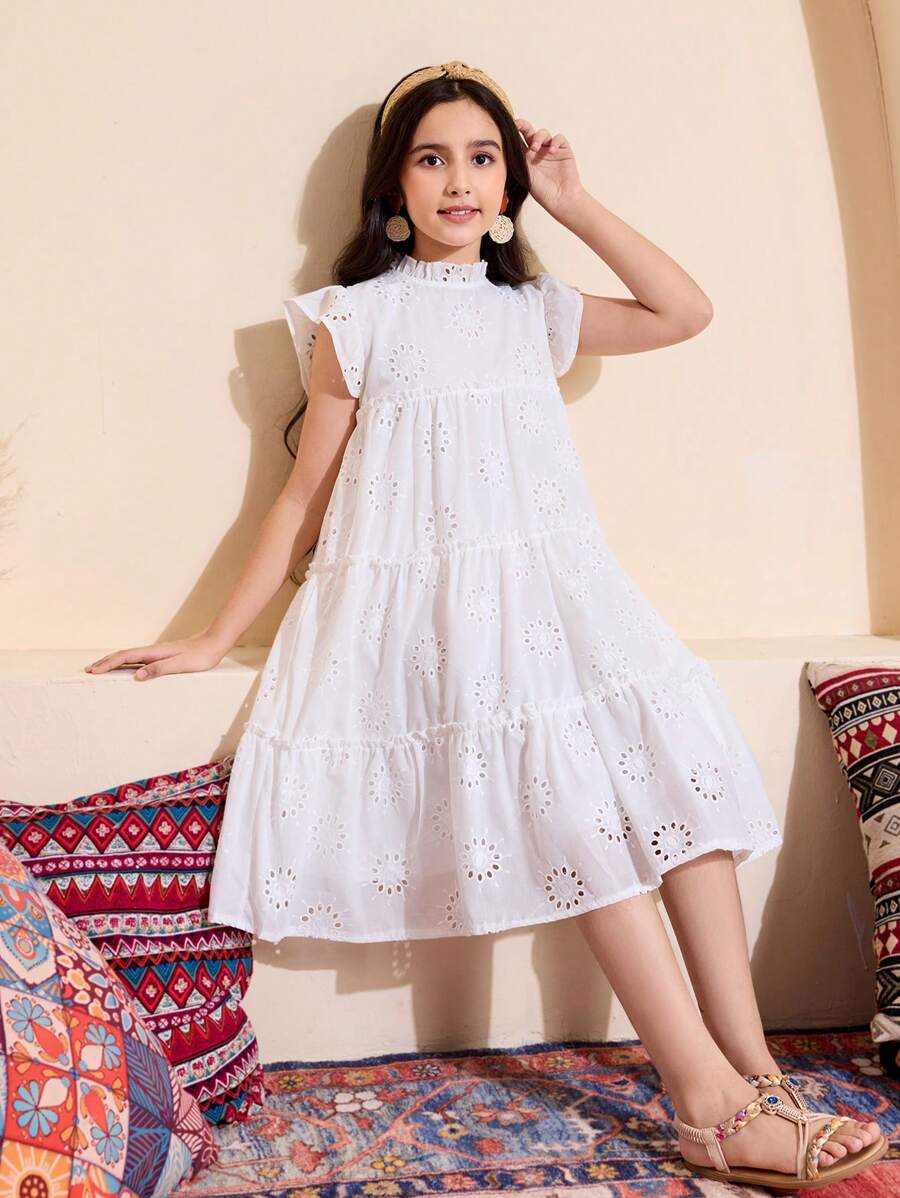SHEIN 1 pieza Vestido de vacaciones de línea A con cuello alto de tela con textura perforada para niña preadolescente, para primavera/verano