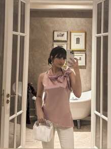 Elenzga Romantic Pink Crepeline Elegant Sleeveless Bow Collar Blouse - Pink - View 4