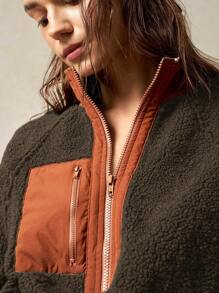 Bohemela Vacation Solid Knitted Raglan Sleeve Half Zip Up Loose Fit Women Hoodie - Brown - View 6