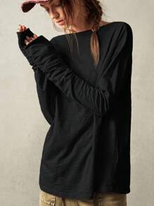 Bohemela BOHO Casual Solid Color Knit Boat Neck Long Sleeve Loose Fit Regular T-Shirt - Black - View 2