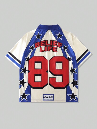 Prep Men's Jersey Loose Fit Polo Football Jersey Style Shirt, Casual Simple Fashion For Daily Wear