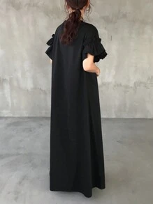 FRIFUL Women Oversize Black Long Dress With Ruffle Hem & Heart Embroidery, Casual Summer Outfit Sundress