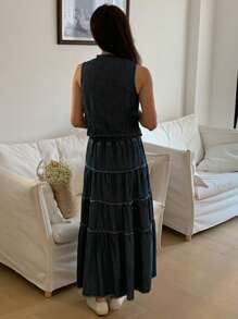 DAZY Women's Front Button Sleeveless Simple Vest And Wide-Leg Jeans Set - Dark Wash - View 5