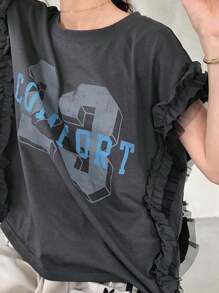 FRIFUL Women's Round Neck Mesh Ruffle Patchwork Loose Letter Colorblock Print Biker Style T-Shirt - Grey - View 2