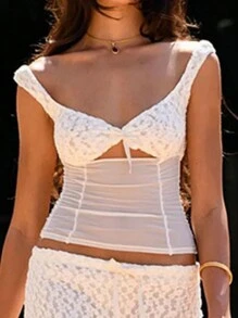 Women Solid Color Sleeveless Simple Mesh Panel Fitted Casual Tank Top - White - View 4