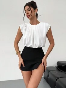 Firerie Blusa elegante con volantes en el cuello y mangas de murciélago con volantes en unicolor, versión clásica de blusa regular con volantes de murciélago para damas, nueva colección primavera/verano