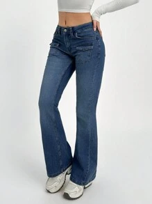 EURMUSE Low Waist Pocket Detailed Flare Fit Jean - Medium Wash - View 7