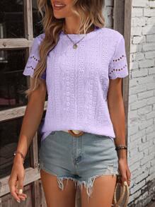 EMERY ROSE 女士纯色圆领短袖镂空蕾丝下摆简约休闲上衣 - 淡紫色 - 查看 5