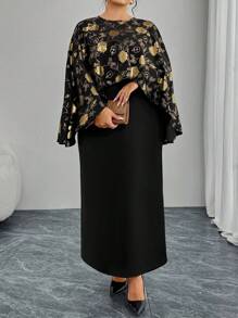 Modelyn Plus Size Foil Print Scarf & Solid Color Midi Skirt 2 Pieces Set Fall Cloth For Women