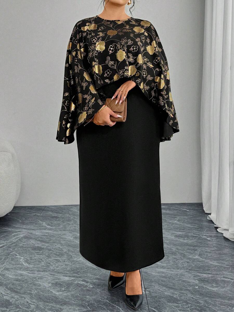 Modelyn Plus Size Foil Print Scarf & Solid Color Midi Skirt 2 Pieces Set Fall Cloth For Women