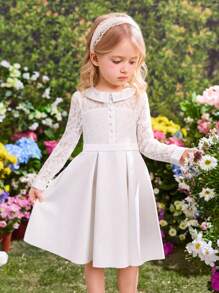 SHEIN SHEIN Young Girl Fall/Winter Christmas Elegant Contrast Lace Collar Fold Pleated Dress