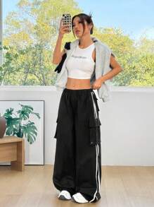 SHEIN EZwear 女式纯色拼布口袋松紧腰休闲工装裤 - 黑色 - 查看 4