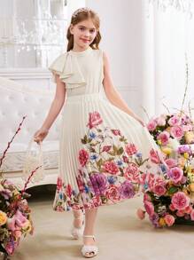 SHEIN Leap Crew 少女两件套：不对称荷叶边领无袖上衣和花卉印花百褶裙，法式优雅花卉，甜美公主风格，适合春季旅行，情人节少女，花童连衣裙 - 米色 - 查看 9