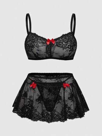 Goth Plus Size Dark Gothic Romantic Heart Jacquard Bow Fabric Bra, Thong And Garter Belt 3pcs Sexy Lingerie Set