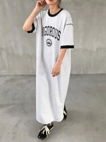 FRIFUL Women's Long Letter Printed Dress With Contrast Trim, Summer Wear Sundress,Casual Women Dresses