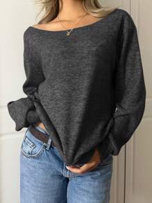 Muchica 1 件女式新款斜肩纯色仿皮草运动衫 - 深灰色 - 查看 5