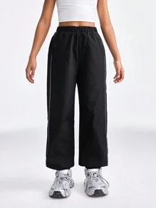 SHEIN Tween Girls Spring/Summer Relaxiva Contrast Piping Slant Pocket Pants - Black - View 3