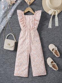 SHEIN Young Girl Elegant Ditsy Floral Ruffle Trim Square Collar Romper - Orange - View 2