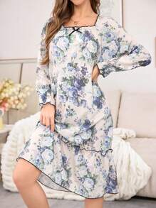 Camisón casual de manga larga con adorno de lazo y ribete de contraste para mujer