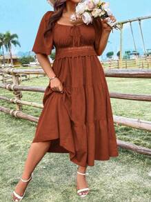 Sunnyshic Robe ample pour femmes avec col carré à encolure en forme de cœur de poulet, manches à volants, patchwork, coupe évasée, style vintage, décontracté, mignon et élégant. Robe d'été petite taille