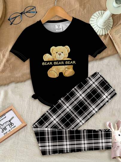 SHEIN Leap Crew Tween Girl 休闲熊和格子图案短袖上衣和紧身裤套装，贴身罗纹面料，适合春夏季