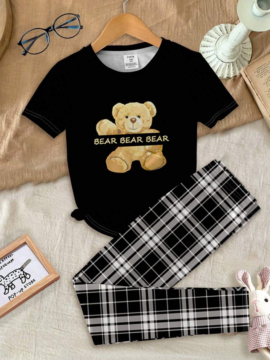 SHEIN Leap Crew Tween Girl 休闲熊和格子图案短袖上衣和紧身裤套装，贴身罗纹面料，适合春夏季 - 彩色 - 查看 1