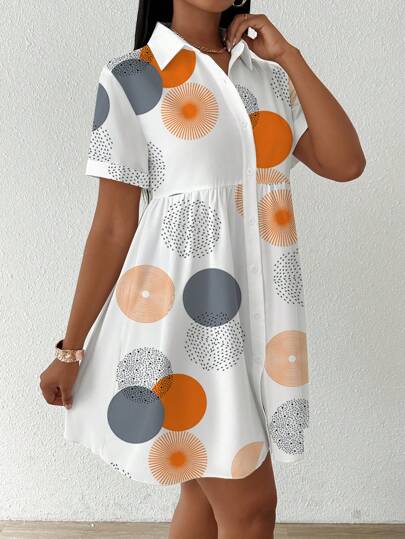 SHEIN Clasi Button-Front Short Sleeve All-Over Print Casual Short Dress Women Shirt,Short Sleeve Tops