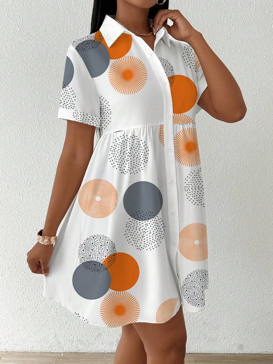 SHEIN Clasi 前扣短袖全印花休闲短裙女式衬衫、短袖上衣 - 橘色 - 查看 1