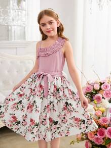 SHEIN Tween Girls Casual Ruffled Multi-Layer Oblique Shoulder Cropped Top And Floral Print A-Line Skirt 2 Pieces Set, Sweet Princess Style, Suitable For Spring Outing, Flower Girl Dress - Pink - View 6