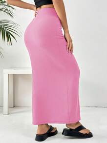 SHEIN EZwear Saia Preta de Malha Justas até o Joelho Feminina - Rosa chiclete - Visão 2