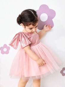 SHEIN Fern Glow  Babygirl Cute Elegant Pink Mesh Bow Sleeveless Dress, Spring/Summer