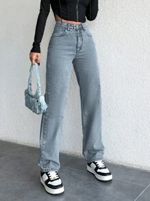 EURMUSE 100%Cotton Women'S Solid Color Straight Leg Jeans - Medium Wash - View 4