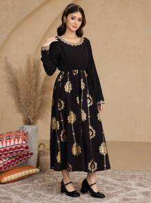 Teen Girl Spring/Autumn Elegant Luxurious Gold Foil Retro Print Lace Trim Patchwork Long Sleeve Floral Collar Dress - Black - View 5