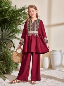 SHEIN Tween Girls Tassel Trim Print Patchwork Flare Sleeve Shirt And Wide Leg Pants 2pcs Set - Burgundy - View 9