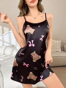 Faux Silk Bowknot & Teddy Bear Print Cute Girl Camisole Nightdress Luxeloungewear - Black - View 4