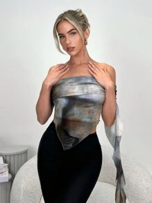 SHEIN Privé Top moulant à volants asymétriques, épaules dénudées, teinture nouée, taille froncée, ourlet pour festival, Saint-Valentin, concert, rave pour femmes - Multicolore - Voir 4
