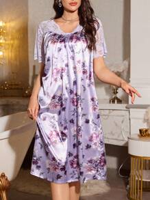 LuxeNights Floral Print Lace Panel Chiffon Nightgown Babydoll With Sheer Shoulders For Women Luxe Loungewear - Purple - View 1